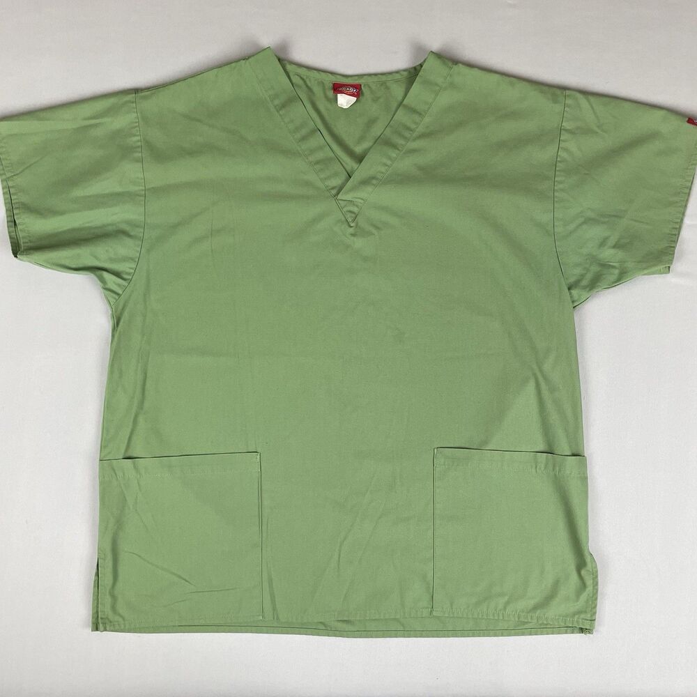 DICKIES Cotton Blend V-Neck Scrubs Men’s Large Cypress Green Top w/ Pockets